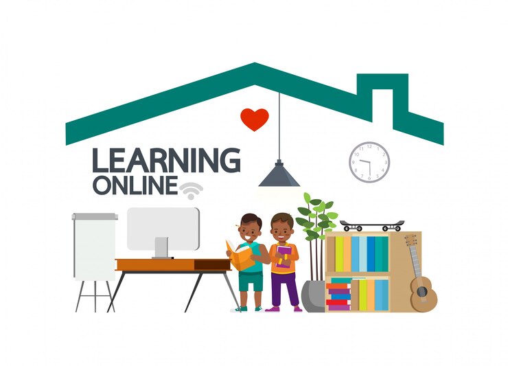 Vettore corsi di formazione online a distanza per bambini durante il coronavirus. distanziamento sociale, autoisolamento e concetto di stare a casa. disegno vettoriale di carattere bambino.