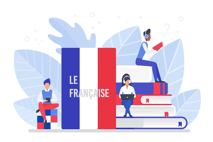 Vettore corsi di lingua francese online, scuola remota o concetto universitario