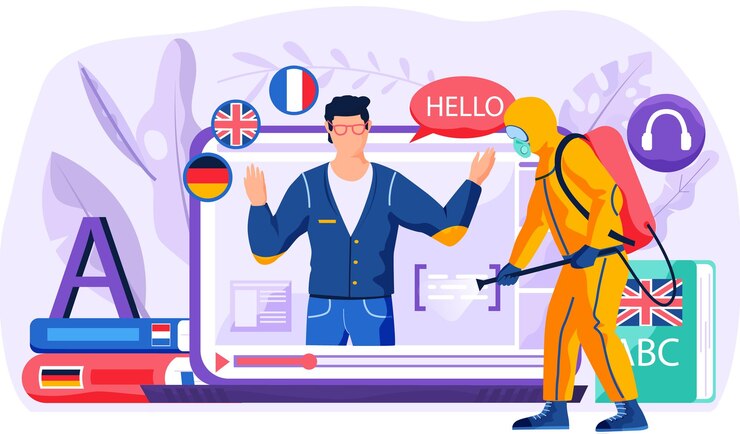 Vettore corsi di lingua online su internet studio del linguaggio straniero a casa l'insegnante dell'uomo conduce una lezione