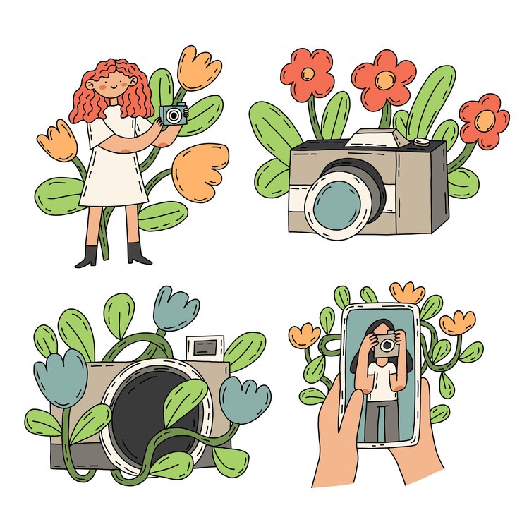 Vettore corso di hobby artistico e scuola di fotografia. illustrazione vettoriale piatta disegnata a mano isolata