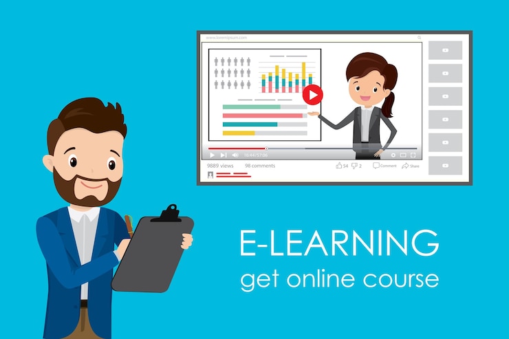 Vettore corso di istruzione online e apprendimento elettronico imparare tramite l'illustrazione vettoriale del webinar di formazione
