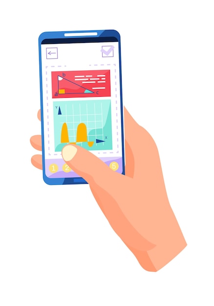 Corso di matematica online Apprendimento della geometria via Internet Istruzione e conoscenza Corso di matematica per la scienza e la tecnologia Telefono cellulare con l'immagine del triangolo e il grafico con le statistiche in mano