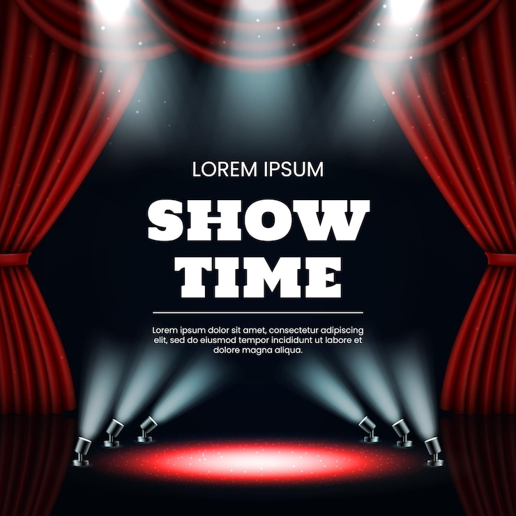 Vettore cortine del teatro di broadway spettacolo di premiazione palco drappeggio rosso e proiettori notte di cinema o spettacolo luci del casinò evento cinematografico circolo illuminato bandiera di presentazione sfondio vettoriale