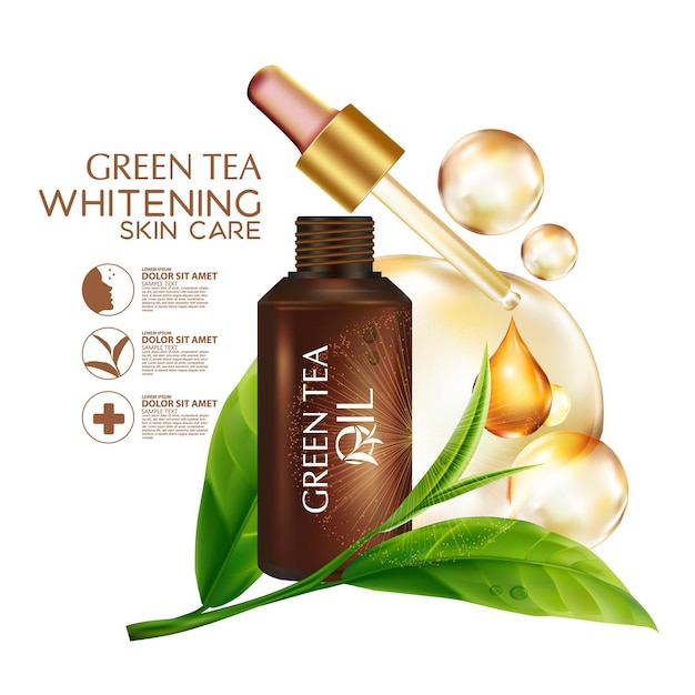 Cosmetici di illustrazione realistica con ingredienti Cosmetici per la cura della pelle con olio di semi di tè verde