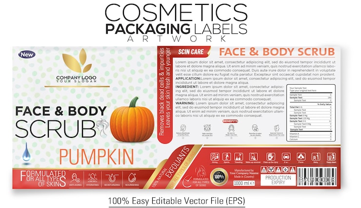 Vettore cosmetici etichette disegno della confezione fae e body scrub 1000ml con zucca