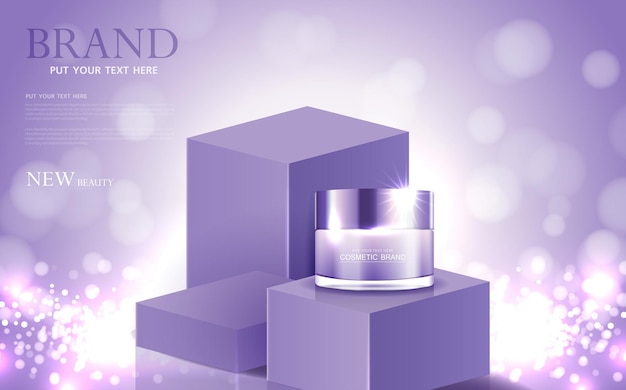 Cosmetici o annunci di prodotti per la cura della pelle in oro bottiglia viola e sfondo scintillante effetto luce vettore