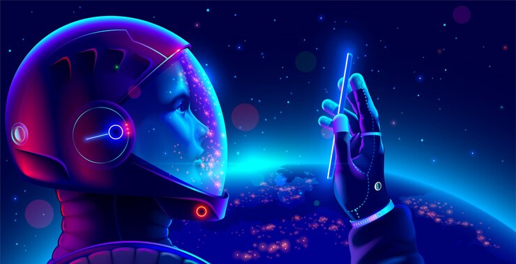 Cosmonauta in tuta spaziale nello spazio con il telefono in mano guarda lo schermo fa un selfie Astronauta che indossa un casco tiene in mano uno smartphone in orbita del pianeta Terra Turista spaziale in costume spaziale rendering 3d