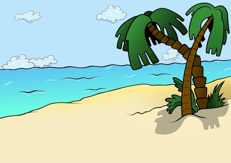Vettore costa sabbiosa con spiaggia e palme in riva al mare