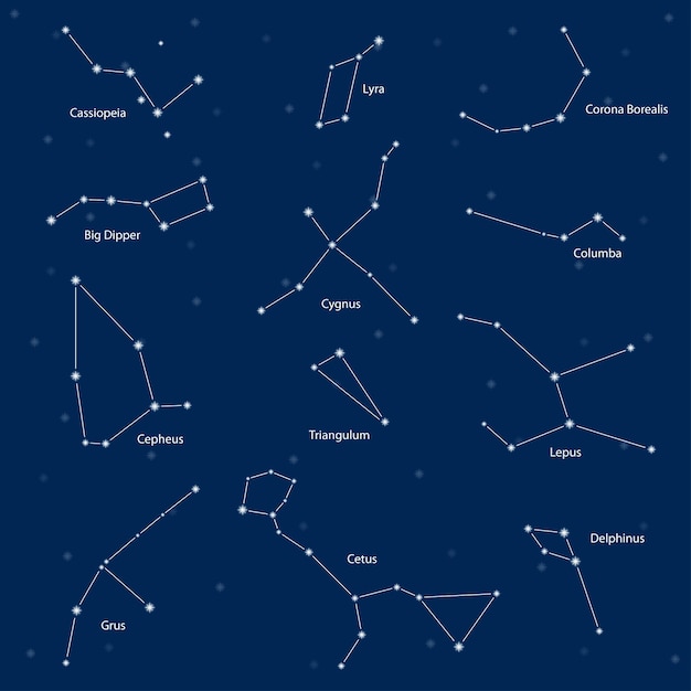 Costellazioni: cassiopea, grande carro, cepheus, lyra, grus, cygnus, triangulum, cetus, corona borealis, columba, lepus, delphinus, illustrazione vettoriale