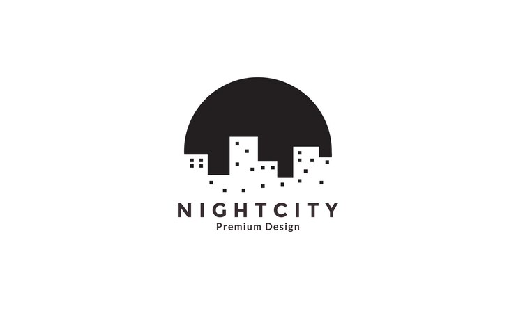 Costruire la città con l'illustrazione di simbolo dell'icona del vettore di progettazione del logo nero del cerchio notturno
