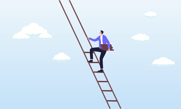 Costruire la scala del successo Sviluppare passi per migliorare le opportunità Raggiungere gli obiettivi di carriera e superare le sfide Imprenditore che si arrampica per il progresso