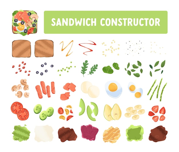 Costruttore di panini con fette di pane e ingredienti freschi. Toast, verdure, verdure verdi, salse, uova, avocado e frutta. Pacchetto di pezzi di cibo. Illustrazione vettoriale piatta isolata su sfondo bianco