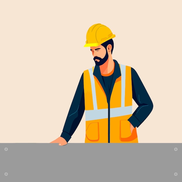 costruttore operaio maschio con cappello duro e giubbotto con la mano sul materiale da costruzione con spazio per il testo