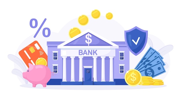 Costruzione di una banca con salvadanaio in contanti Pila di monete d'oro vicino al dipartimento delle finanze del governo o all'ufficio delle imposte Finanziamento della banca Scambio di denaro Risparmio accumulando denaro Concedere sovvenzioni Sostegno finanziario