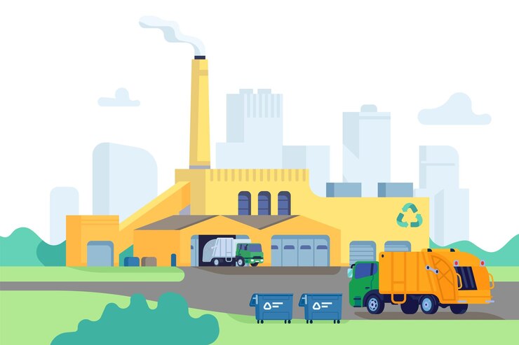 Costruzione di una fabbrica di rifiuti Incenerimento e riciclaggio del processo di spazzatura Trasporto e spedizione di rifiuti Inquinamento ambientale Impianto industriale di utilizzo dei rifiuti Concetto vettoriale
