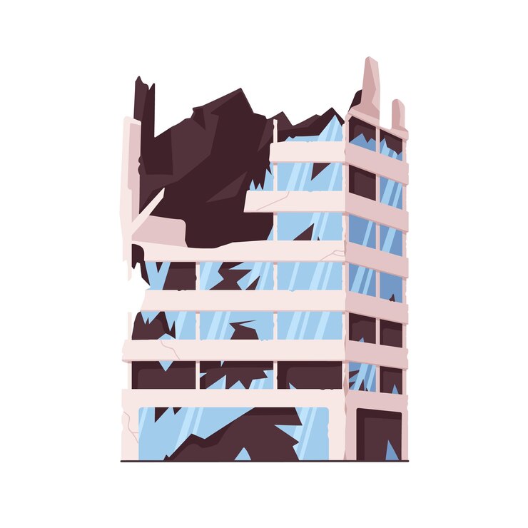 Vettore costruzione distrutta danneggiata costruzione distrutta facciata distrutta casa moderna distruzione di pareti finestre vetro rotto costruzione esterna bruciata illustrazione vettoriale piatta isolata su sfondo bianco