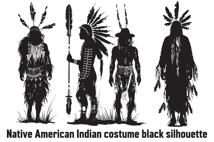 Vettore costume indiano nativo americano silhouette nera giovane donna in costume di indiano americano