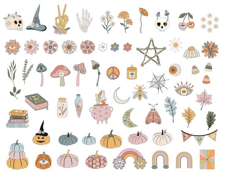 Vettore cottagecore magia halloween clipart illustrazione set di zucche oggetti stregoni fiori insetti