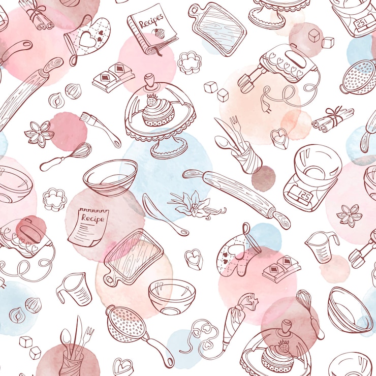 Vettore cottura doodle seamless pattern con utensili da cucina. utensili da forno disegnati a mano.