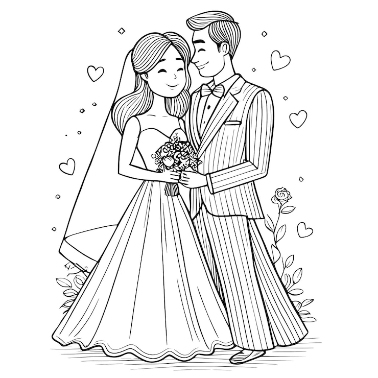 Vettore couple wedding cartoon squiggly lines kawaii anime pagine da colorare cute illustrazioni collage