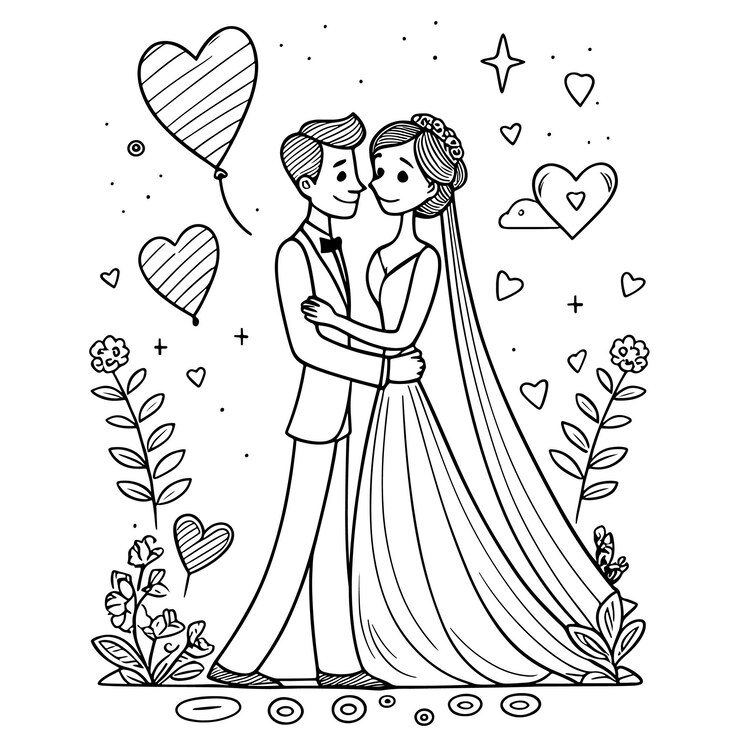 Vettore couple wedding cartoon squiggly lines kawaii anime pagine da colorare cute illustrazioni collage