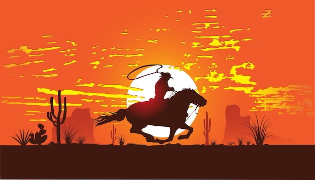 cowboy a cavallo al galoppo attraverso il deserto al tramonto