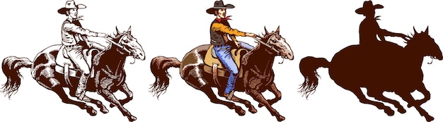 cowboy su un cavallo mustang selvaggio che lo decora a un rodeo nello stile di schizzi artistici
