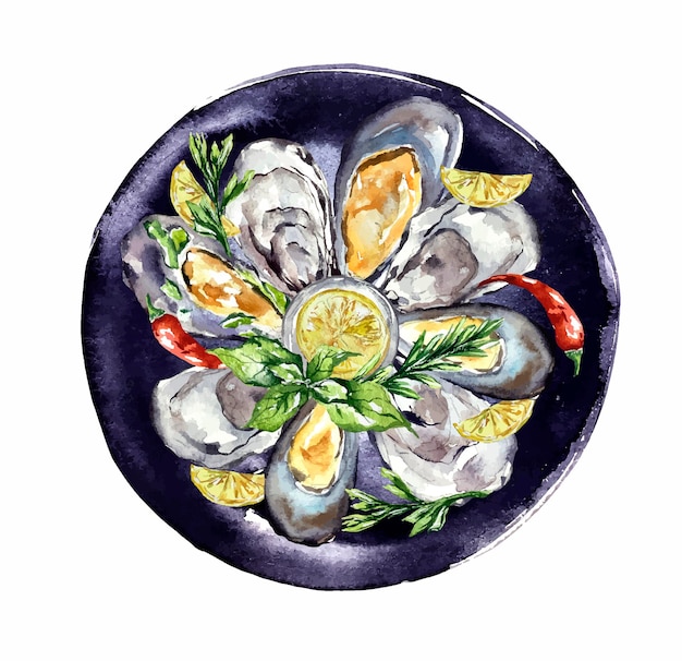 Cozze ostriche piatto di frutti di mare asianfood illustrazione dell'acquerello menu del ristorante