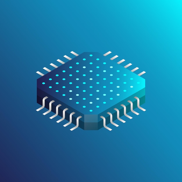 CPU con luci ed effetti blu, microchip futuristico, illustrazione vettoriale