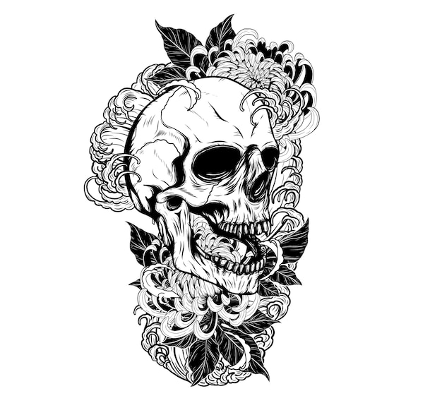 Cranio con il tatuaggio del crisantemo a mano che disegna