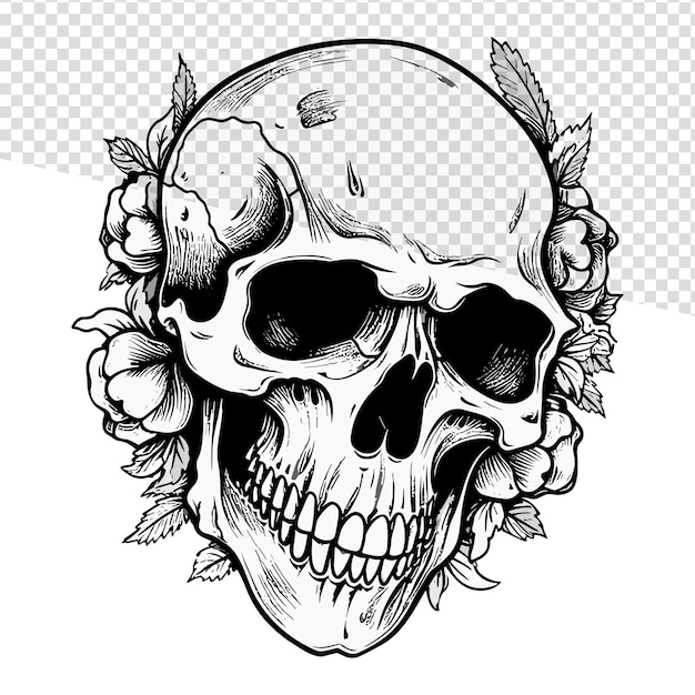 Cranio disegnato a mano in bianco e nero amp Roses Vintage Tattoo Art Coloring Page Vector trasparente