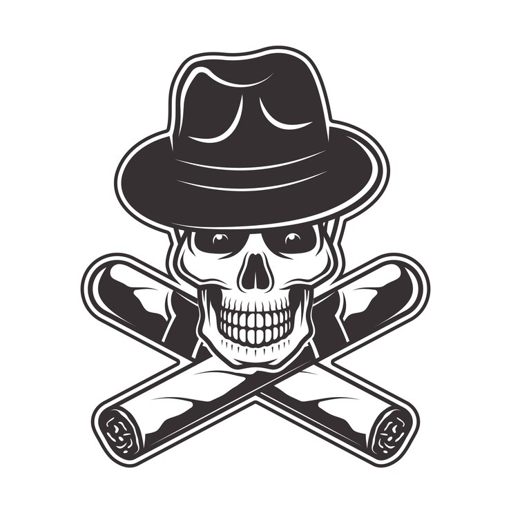 Vettore cranio in cappello gangster e due sigari incrociati illustrazione in bianco e nero su sfondo bianco