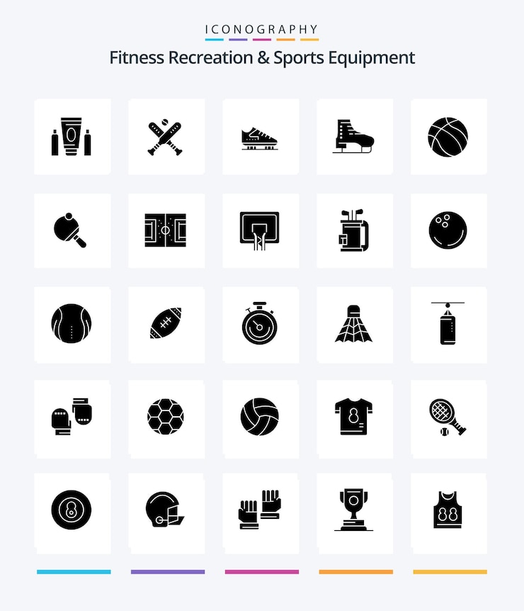 Vettore creative fitness ricreazione e attrezzature sportive 25 glyph solid black icon pack come pong nba boot basket pattinaggio