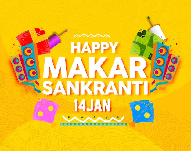Creative Happy Makar Sankranti Festival Sfondo decorato con aquiloni, corda per il festival India