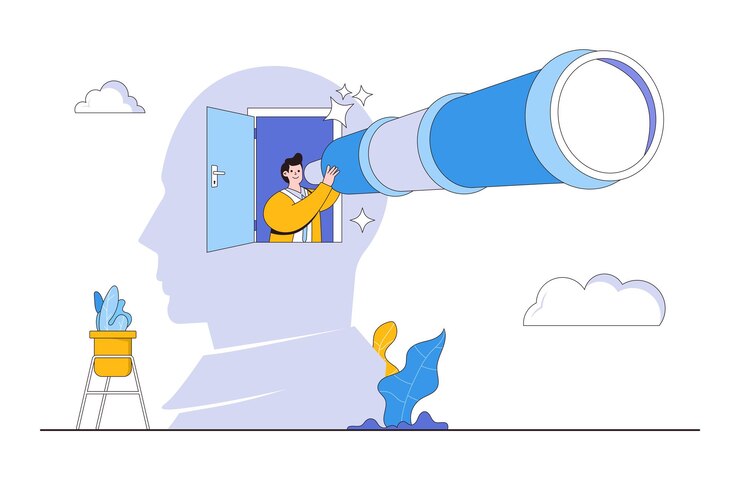 Vettore creatività per aiutare l'identificazione opportunità di business scoperta di nuove soluzioni o idee curiosità alla ricerca di concetti di successo uomo d'affari intelligente che utilizza un grande telescopio per vedere la visione dalla loro testa