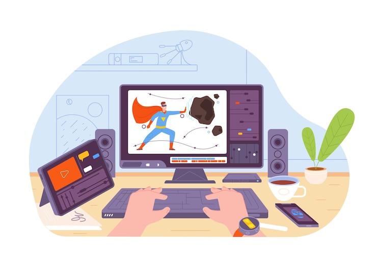 Vettore creatore di animazioni video schermo del computer del motion designer animatore artista del gioco software da scrivania per pc per la creazione di contenuto grafico dell'editor studio d'arte sul posto di lavoro splendido concetto vettoriale