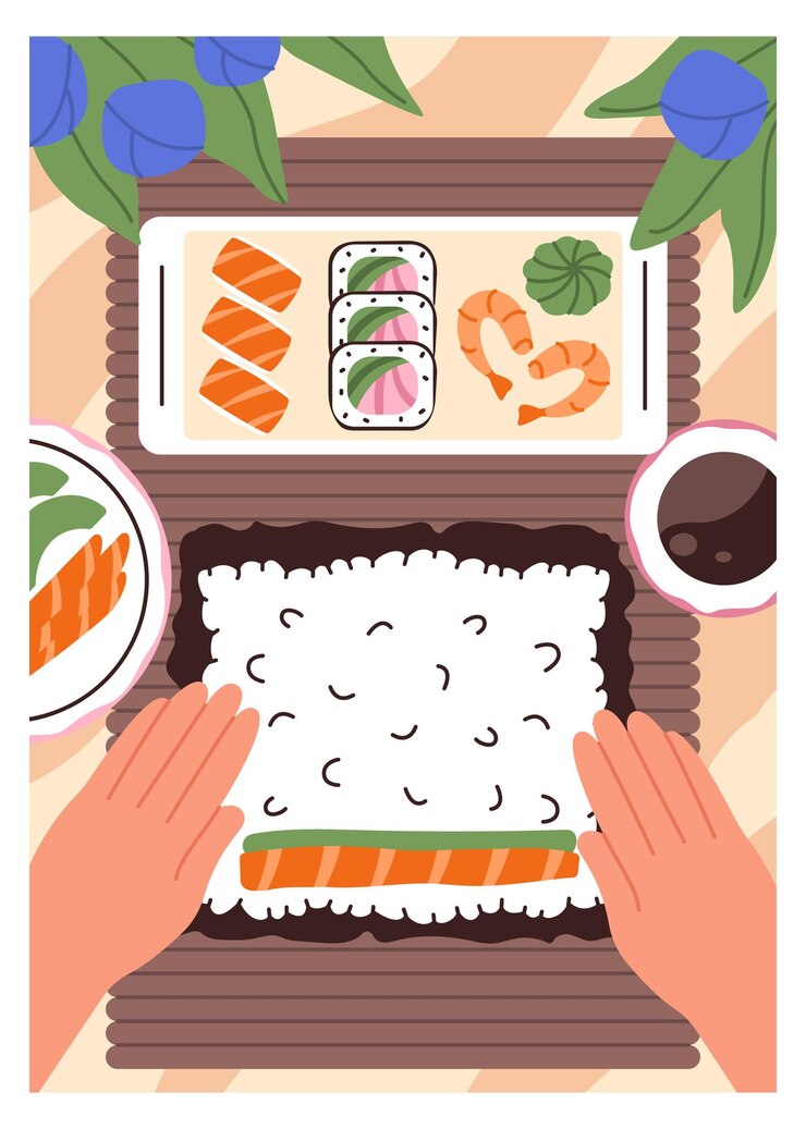 Creazione umana di sushi Concept di sushi di cibo asiatico Illustrazione verticale vettoriale