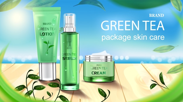 Crema cosmetica di lusso con crema per la cura della pelle, poster di prodotti cosmetici di bellezza, con tè verde e pavimento in legno sulla spiaggia