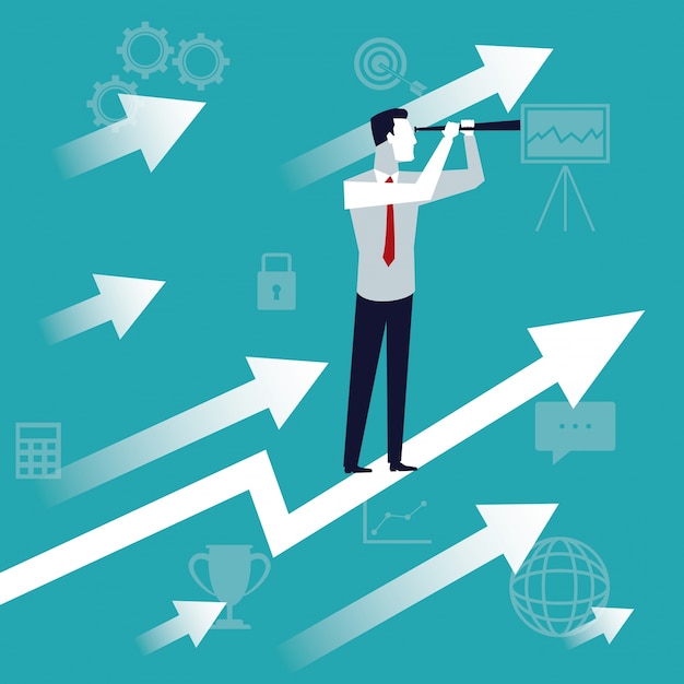 crescita del business con l&#39;uomo esecutivo con il telescopio