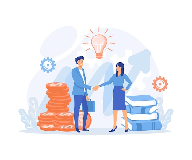 Crescita del business Il concetto di business porters un team di successo che finanzia progetti creativi illustrazione moderna di vettore piatto di stretta di mano di affari di donna e uomo