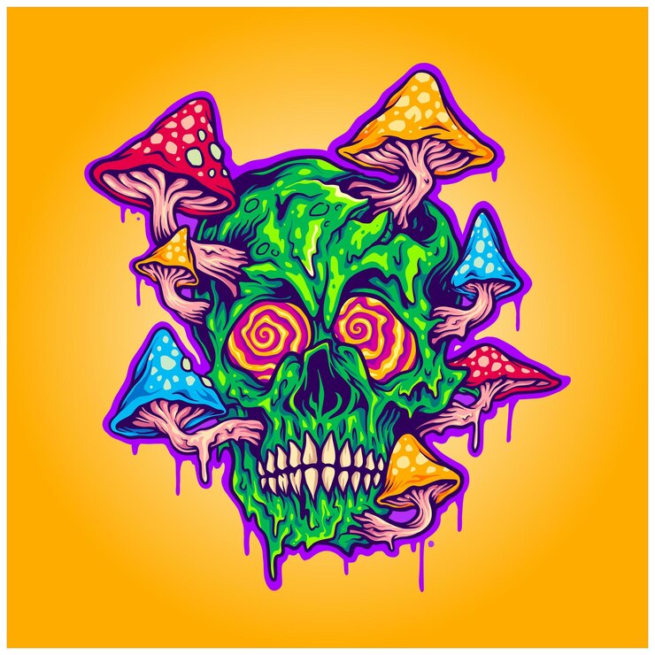 Vettore crescita del cranio psichedelico trippy drippy illustrazioni di funghi magici