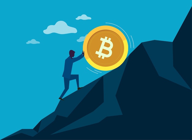 Crescita del valore di bitcoin e criptovalute, investitore che si sforza di spingere bitcoin su scala più ampia