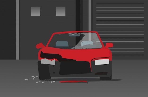 Criminalità automobilistica schiantata o incidente automobilistico nel fumetto piano della via di notte