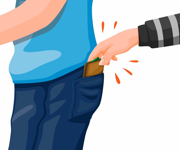 Crimine borseggiatore. la mano del ladro ruba il portafoglio dal concetto dell'illustrazione della tasca dei jeans nel vettore del fumetto isolato