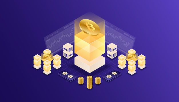 Criptovaluta, bitcoin, blockchain, mining, tecnologia, internet IoT, sicurezza, illustrazione isometrica del cruscotto