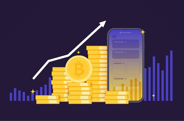 Criptovaluta Bitcoin con mucchio di monete da smartphone davanti al grafico in aumento Bitcoin Stock