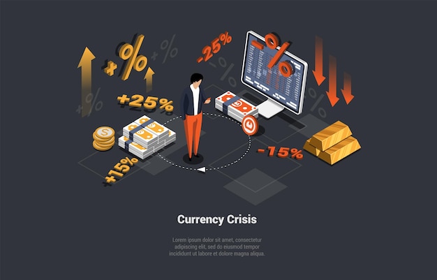 Crisi finanziaria Inflazione Svalutazione della valuta Tasso di interesse Impatto per investimenti azionari Valore moneta Recessione Processo di aumento del prezzo Valore nominale instabile Illustrazione vettoriale 3D isometrica