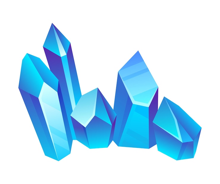 Vettore cristalli blu brillante di varie forme e dimensioni illustrazione vettoriale su sfondo bianco