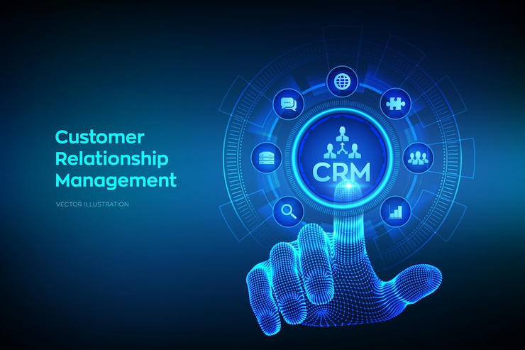 Vettore crm customer relationship management servizio clienti e relazioni concetto di pianificazione della comunicazione aziendale su schermo virtuale interfaccia digitale a contatto con la mano wireframe illustrazione vettoriale
