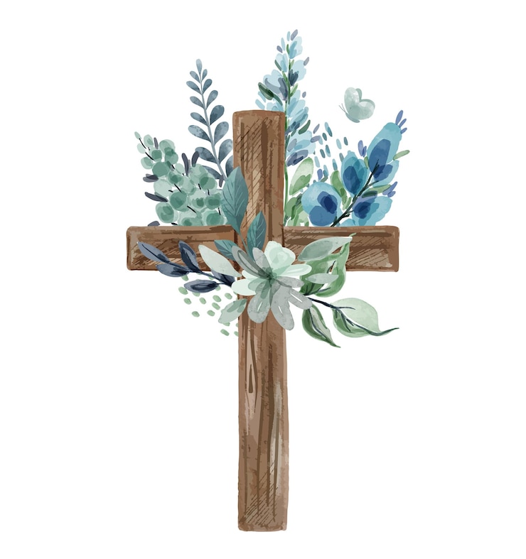 Vettore croce cristiana con decoro floreale, tinte verde freddo e bluastre. illustrazione dell'acquerello